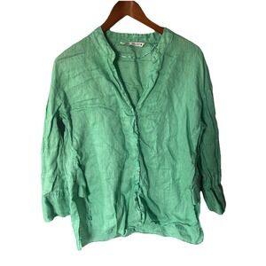 Women's Zara V Neck Button Down Linen Long Sleeve Blouse Size S Green Boho